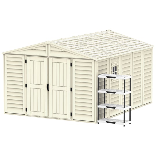 Cosmoplast WOODBRIDGE 10.5X13FT 324.8 X 405 X 233.2 CM RESIN GARDEN STORAGE SHED WITH FREE SHELVING RACK 4