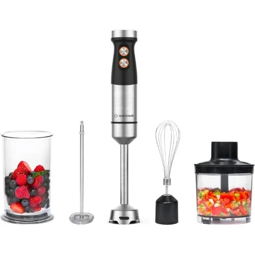 Nutricook 1200W DC Motor Hand Blender With 700ml Beaker,500ml Chopping Bowl, Stainless Steel Blades, Wisk with 20 Variable Speed
