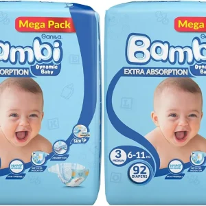 Sanita Bambi Baby Diapers Mega Pack Size 3, Medium, 6-11 KG, 92 Count x 2