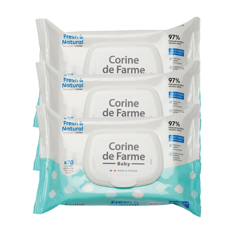 Corine De Farme Baby Fresh And Natural Wipes 70's Pulls x 3 Value Pack