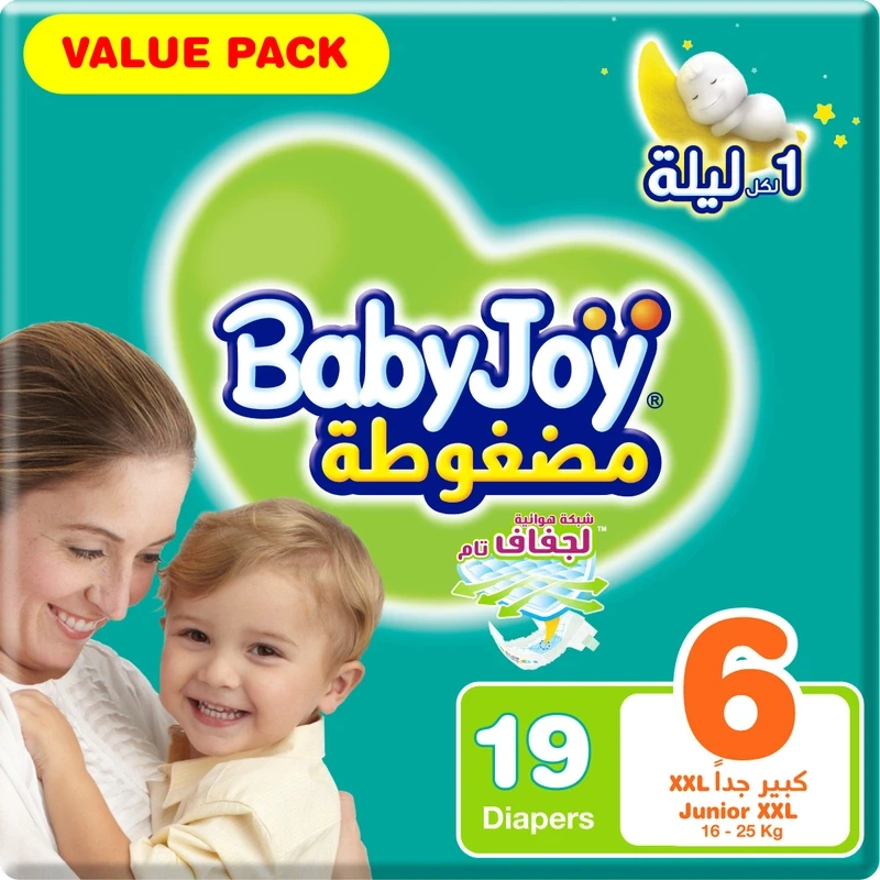 Babyjoy Compressed Diamond Pad Diaper, Value Pack Junior XXL Size 6, Count 19, 16+ Kg