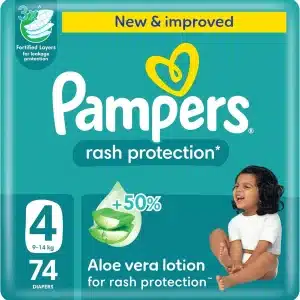 Pampers Rash Protection Taped Diapers, Size 4, 9-14kg, +50% Aloe Vera Lotion for Rash Protection, 3x Fortified Layers for Leakage Protection, Giant Pack, 74 Count