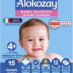 Alokozay Premium Baby Diapers, Size 4+, 15 Diapers