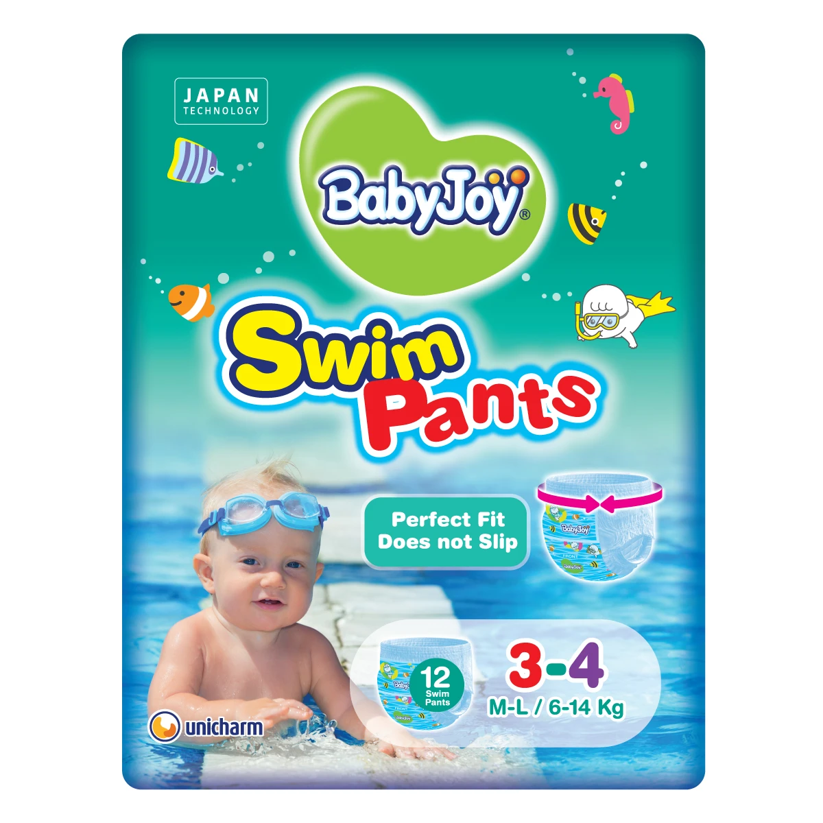 BabyJoy Swim Pants Diaper, Size 3 - 4, Medium - Large, 6-14 Kg, Saving Pack, 12 Swim Pants